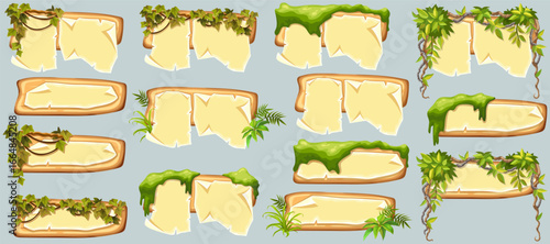 Wooden signboards with old paper, stems ivy, liana, grapes, vine, swamp moss, forest lichen. Set blank invitations, maps, jungle plants. 3d elements for messages, banners, notebooks, mobile games.
