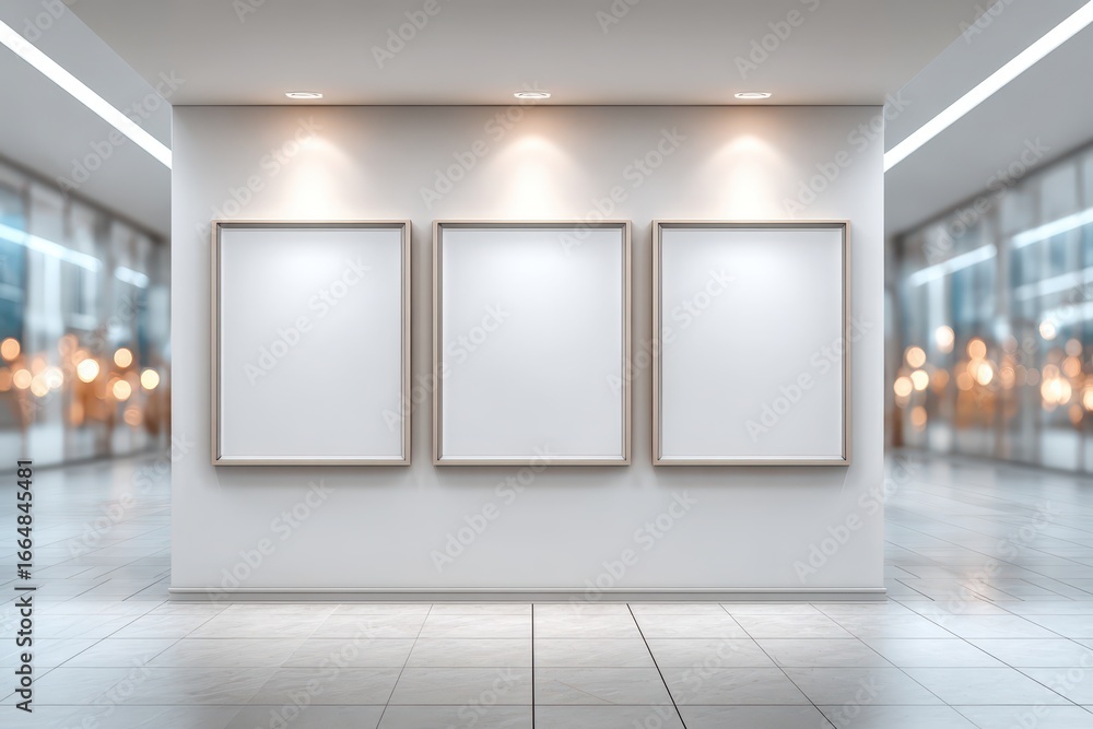 Three empty art frames illuminated by spotlights on a clean gallery wall. Three empty art frames illuminated by spotlights on a clean gallery wall.