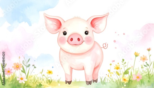 A cheerful piglet stands in a field of colorful flowers, rendered in a soft watercolor style