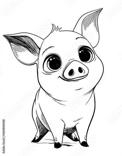 Cute pig coloring page, black and white
