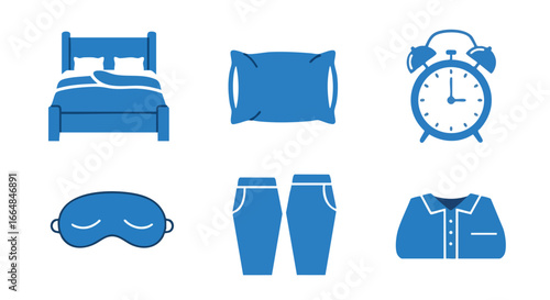 Minimalist Blue Icons Depicting Sleep Environment Including Bed Pillow Sleep Mask Pajamas and Alarm Clock