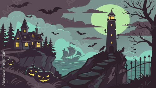 Haunted Castle on Cliffs with Lighthouse, Bats, and Pumpkins – Spooky Halloween Vector Background