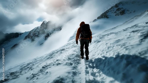 Solitary hiker navigates through a treacherous snowstorm