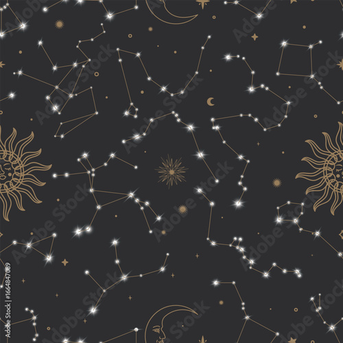Seamless Constellation Pattern with Stars, Moon and Sun on Dark Background