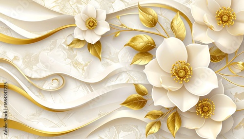 A luxurious floral design, featuring ornate white flowers with golden accents, set against a backdrop of flowing, wavy lines and a marble-like texture.