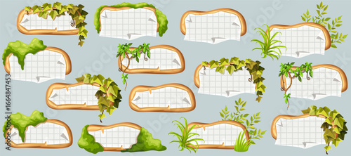 Wooden signboards with old paper, stems ivy, liana, grapes, vine, swamp moss, forest lichen. Set isolated wooden elements with blank, with ragged square graph paper, school math sheet. 