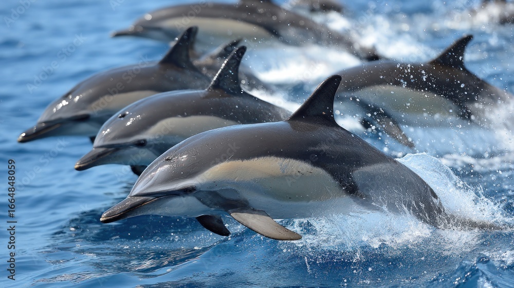 Fototapeta premium Dolphins leaping in a blue ocean (1)