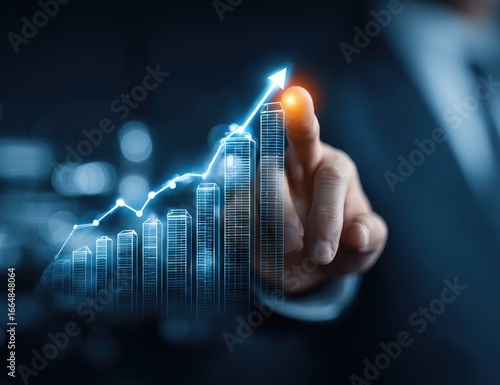 Business hand points to a rising graph with buildings, implying growth