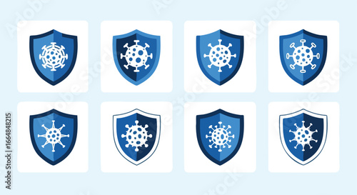 Collection of shield emblems featuring virus icons symbolizing immunization and protection against infectious diseases diverse visual representations