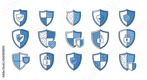 Collection of diverse security shield icons representing protection and safety concepts in digital and physical environments on a white background