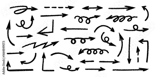 Squiggly black arrow set. Doodle movement spiral lines, flat elements. Pencil brush arrows for icon, sketch, texture. Hand drawn childish strokes. Isolated vector illustration on white background.