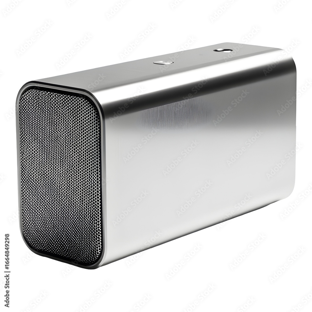Obraz premium Silver rectangular speaker with rounded edges and a perforated front grill presented on white or transparent background
