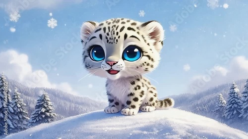 Cartoon-Style Illustration Of A Baby Snow Leopard (Felidae), Big Eyes, Wild Cat Cub, Snowy Winter - 4K Anime