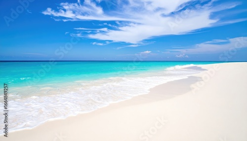 A serene beach scene with turquoise waters and white sandy shorelines