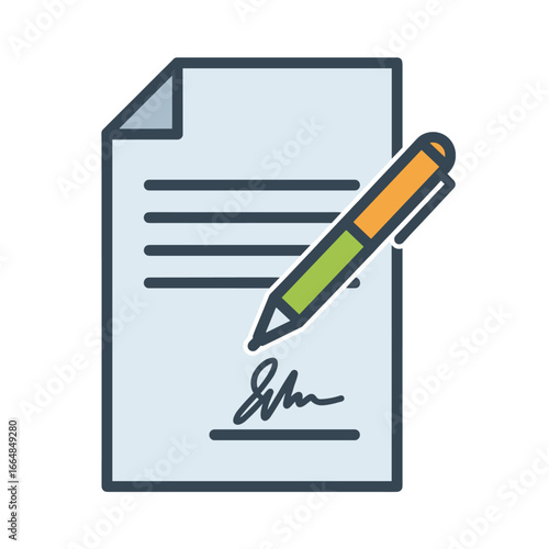 A signed document with a pen resting on it, suggesting finalization, agreement, or contract completion. The image is a simple, clean vector graphic, ideal for business or legal contexts, representing