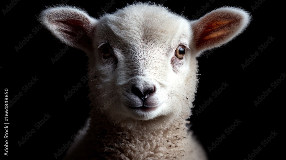 Fototapeta premium A young lamb gazes at the viewer, its soft wool and eyes forging a bond