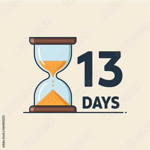 Hourglass with sand flowing and the number thirteen with the word days, symbolizing time passing and countdown.