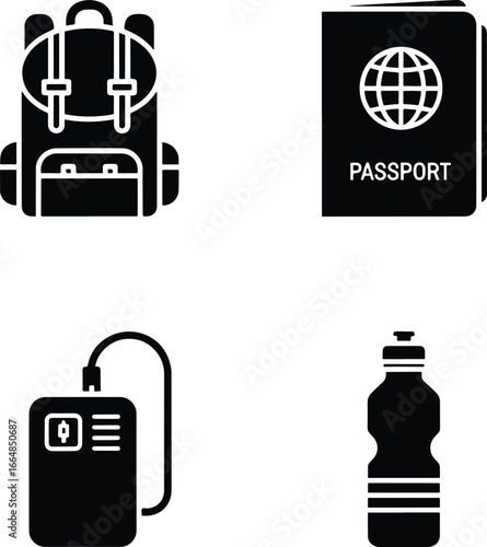 Black travel essentials outlining backpack, passport, power bank, and water bottle against white backdrop representing preparation and adventure.