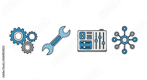 Illustration of mechanical gears tools and a control panel representing engineering and technical maintenance concepts for machinery and system