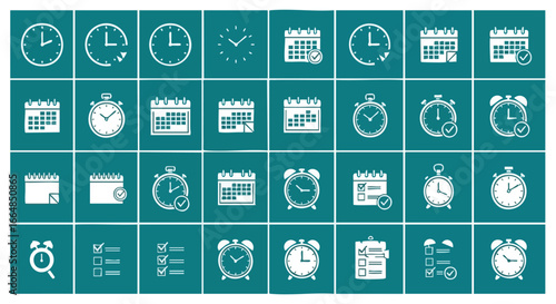 Collection of Various Timekeeping and Scheduling Icons in Engaging Flat Design for Digital Interfaces and Visual Communications