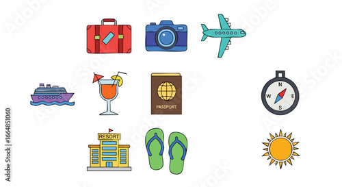 Collection of colorful travel accessories and icons representing various vacation essentials for adventure and leisure activities