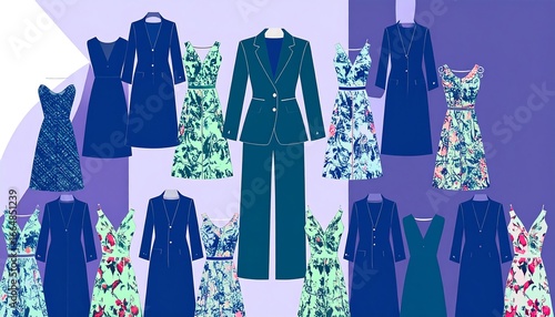 Various women's fashion designs in a range of styles, colors, and patterns; showcasing a collection of dresses, jackets, and suits; depicted in a graphic design format.
