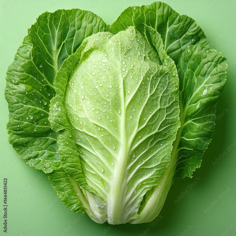 Fototapeta premium Crisp romaine lettuce with droplets of water on its leaves laid on a bright green surface
