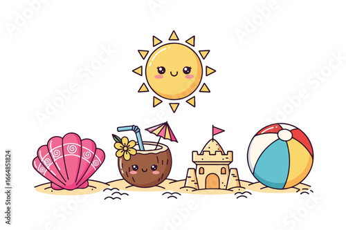 Kawaii cartoon sun and beach items on sand with waves summer