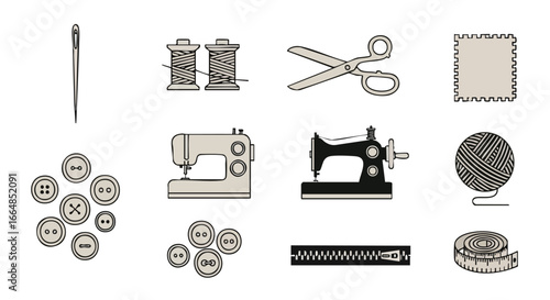 Collection of sewing tools and accessories including needles spools scissors sewing machine thread ball tape measure and buttons for textile crafts