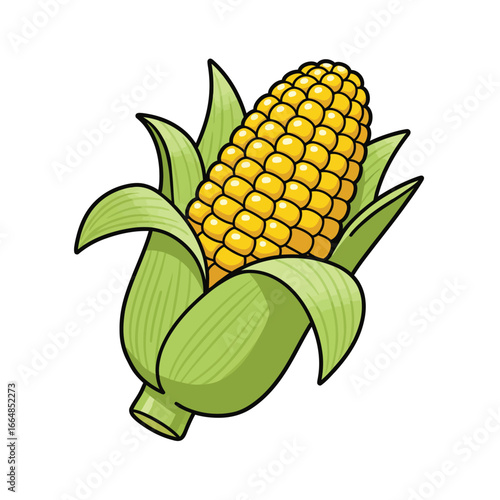 Cartoon Illustration of a Fresh Ear of Corn with Green Husk and Yellow Kernels Isolated