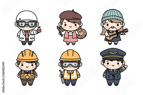 Six cute cartoon characters representing different professions on a white background scientist artist