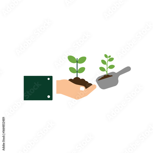 Hand Holding Sprout with Soil and Shovel Representing Agriculture Planting and Sustainable Growth Concept