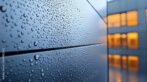 Raindrops cling to sleek surfaces, capturing reflections from warm city lights at dusk