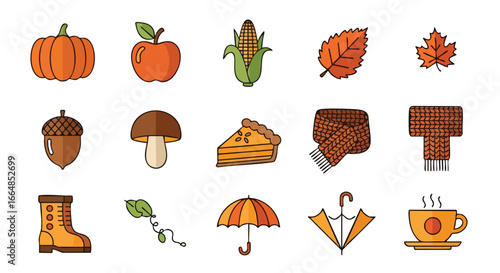 Illustration of autumnal symbols including pumpkins, leaves, mushrooms, and cozy accessories evoking fall season vibes and seasonal activities
