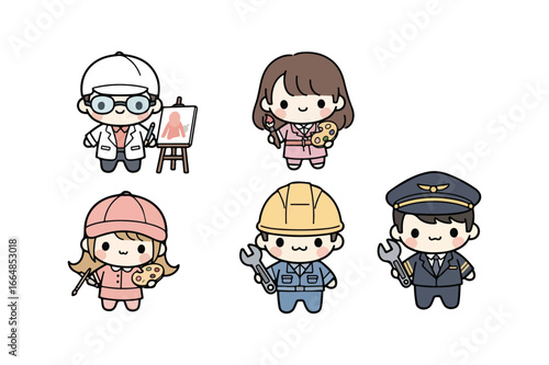 Five cute cartoon characters representing different professions including artist mechanic pilot and more