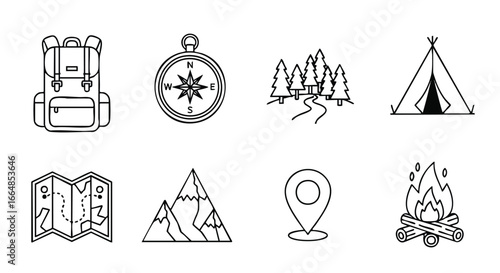 Collection of hiking and camping outdoor adventure icons including gear navigation and nature elements set on a white background