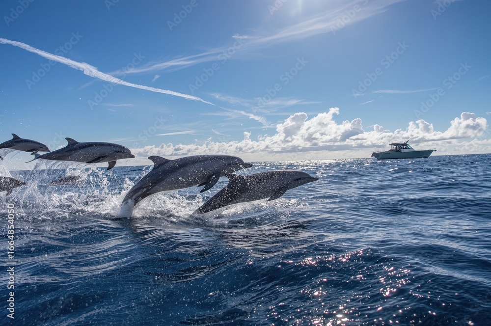Fototapeta premium Pod of dolphins leaping beside sailboat on sparkling turquoise ocean water