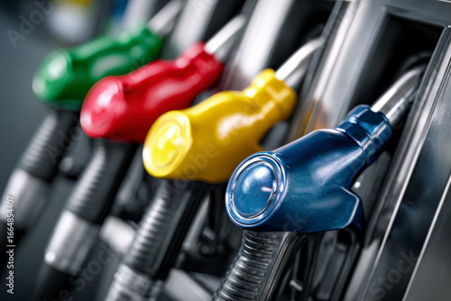 Close-up shot of fuel dispenser nozzles in vibrant colors: green, red, yellow, and blue, in a gas station.