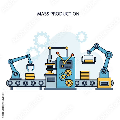 A vector illustration depicts an automated assembly line with robotic arms and gears, symbolizing mass production and industrial manufacturing processes in a modern factory.