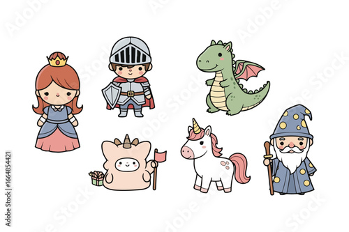 Cute cartoon princess knight dragon unicorn and wizard characters vector