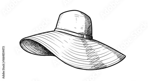 Wide-brimmed sun hat in hand-drawn sketch vector illustration style  