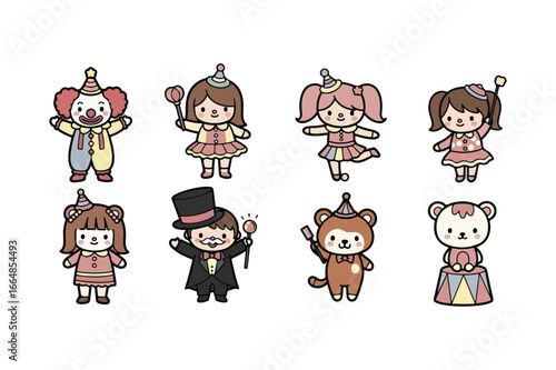 Cute cartoon circus characters including a clown a ringmaster a monkey and bears vector