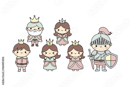 Cute cartoon king queen prince princess and knight characters vector