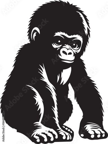 Gorilla Family Silhouette Vector – Black and White Wildlife Illustration of Parent and Baby Apes