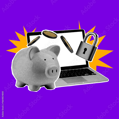 Halftone Style Finance Security with Piggy Bank and Digital Devices