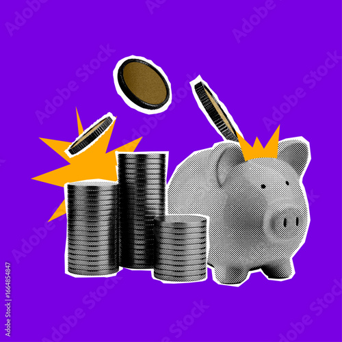 Halftone Style Finance Security with Piggy Bank and Digital Devices