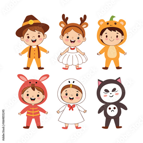 Six cute kids in various halloween costumes isolated on white background