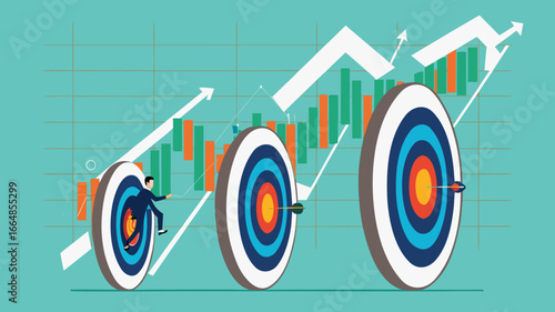 small target achievement as motivate to achieve bigger target or goal, strategies to inspire greater success, Businessman breakthrough small target archery as motivate to breakthrough bigger target