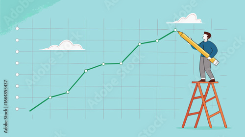 increase business performance followed by a lot of income, businessman climbing a ladder to make a financial growth graph using a pencil, Business goals as profit target achievement process