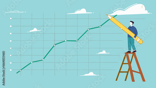 increase business performance followed by a lot of income, businessman climbing a ladder to make a financial growth graph using a pencil, Business goals as profit target achievement process